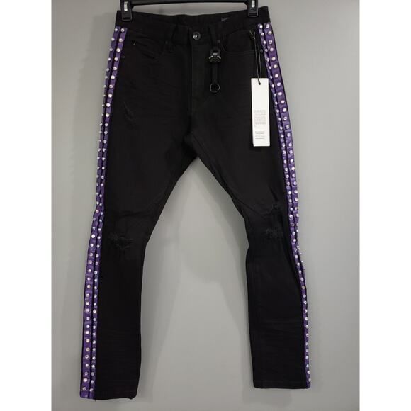 Woolf Other - Mens Jeans Woolf Urban Style‎ Size 32X32 Skinny BlacK Purple Hip Hop Rhinestone